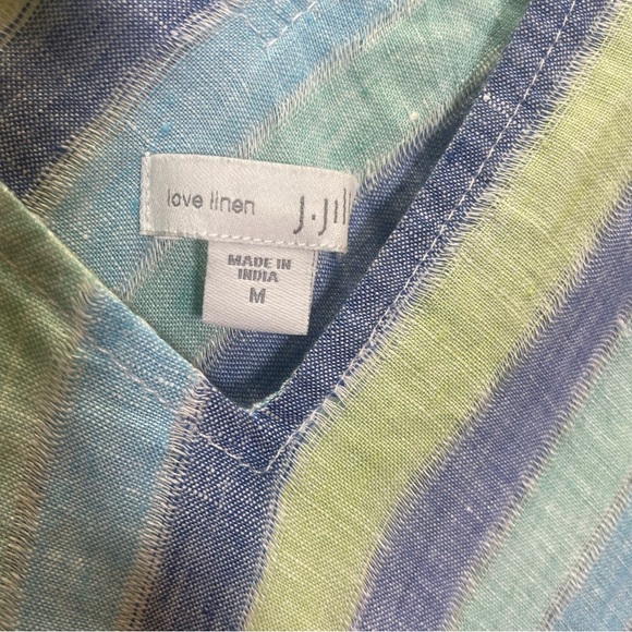 J Jill Liven Linen Lotus Blue Asymmetrical Patchwork Stripe V Neck Maxi Dress - Picture 5 of 9